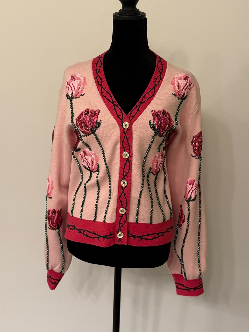QUEEN OF SPARKLES Long Stem Roses Pink Floral Button Cardigan - Picture 8 of 12